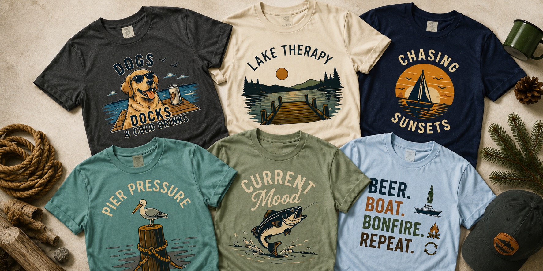 Six graphic shirts arranged in a warm editorial setting