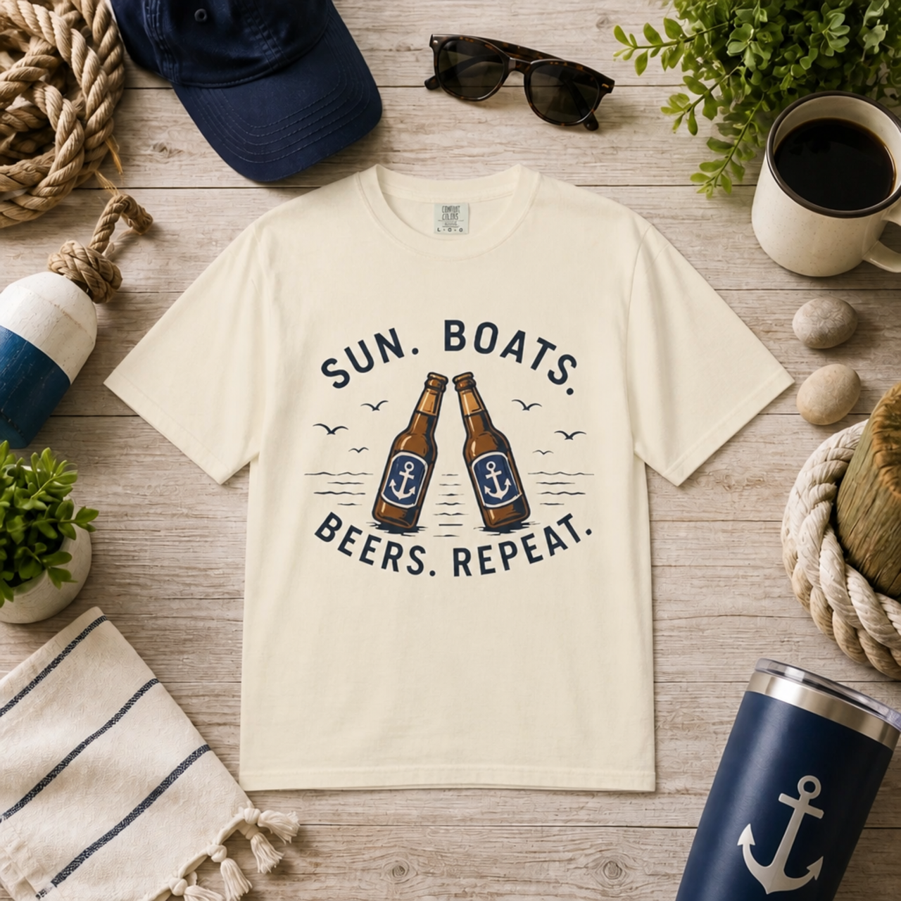 Sun. Boats. Beers. Repeat. Garment-Dyed T-Shirt product mockup