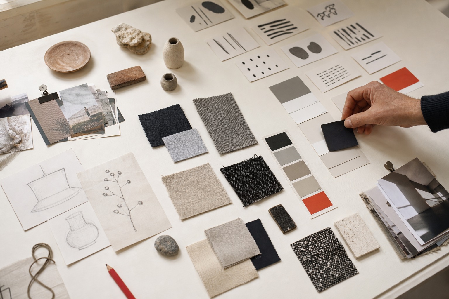 An editorial worktable with sketches, color swatches, notes, and carefully grouped visual references