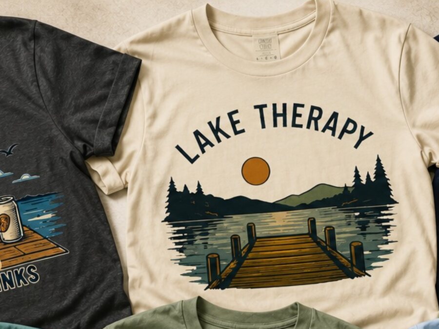 A Lake Therapy graphic shirt in a warm editorial composition