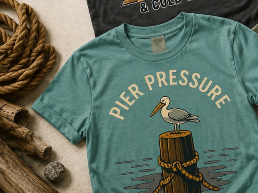 A Pier Pressure graphic shirt in a warm editorial composition
