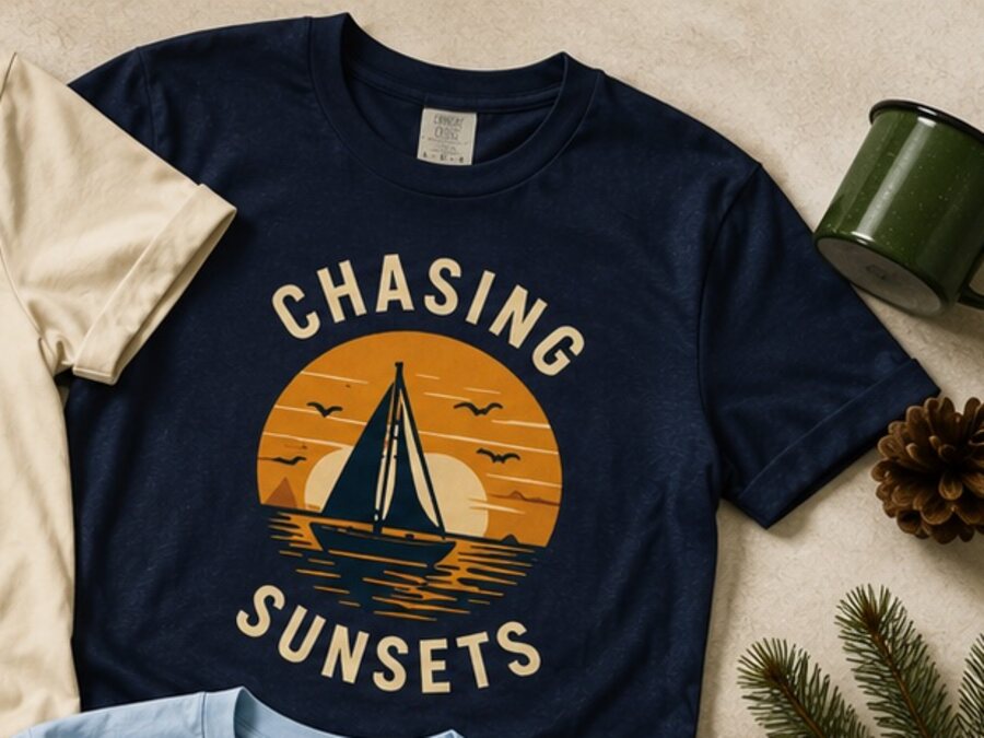 A Chasing Sunsets graphic shirt in a warm editorial composition